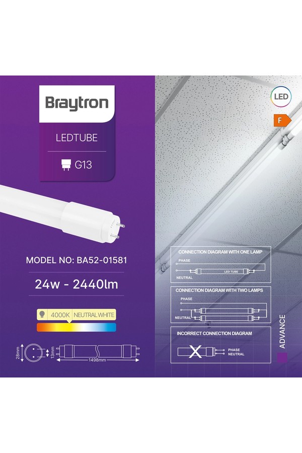 Braytron ADVANCE 24W G13 DB T8 GLS 4000K LED TUBE