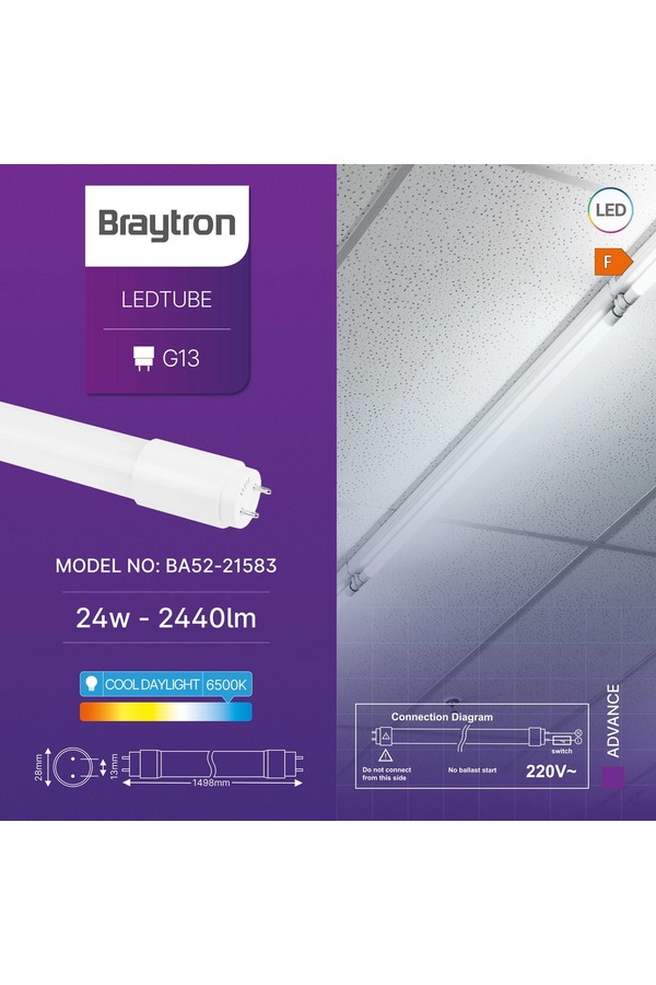 Braytron ADVANCE 24W G13 SG T8 GLS 6500K LED TUBE