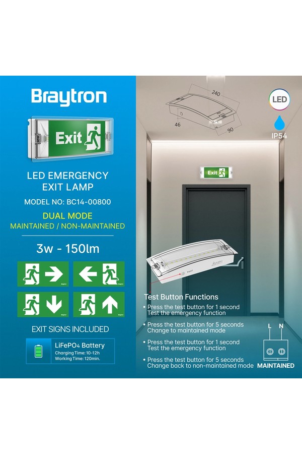 Braytron EXIT LED 3W DUAL IP54 WHT EMERGENCY EXIT LAMP