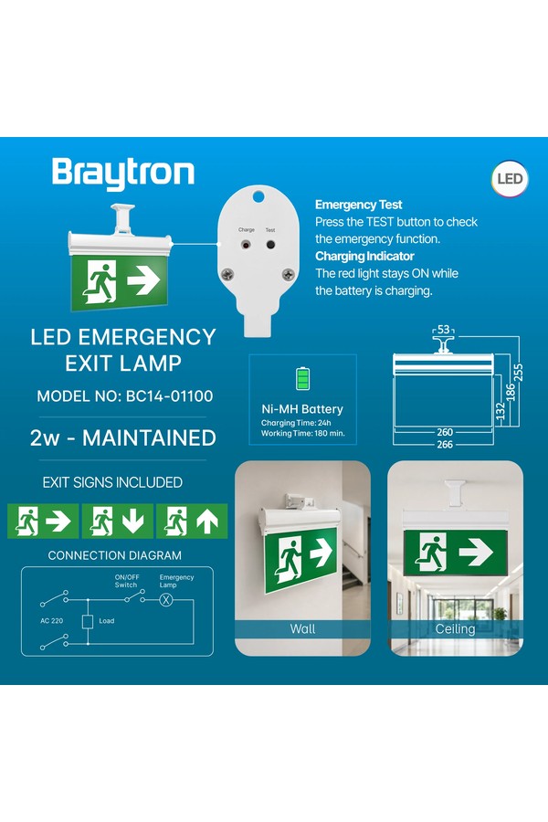 Braytron EXIT LED 2W HNG IP20 WHT EMERGENCY EXIT
