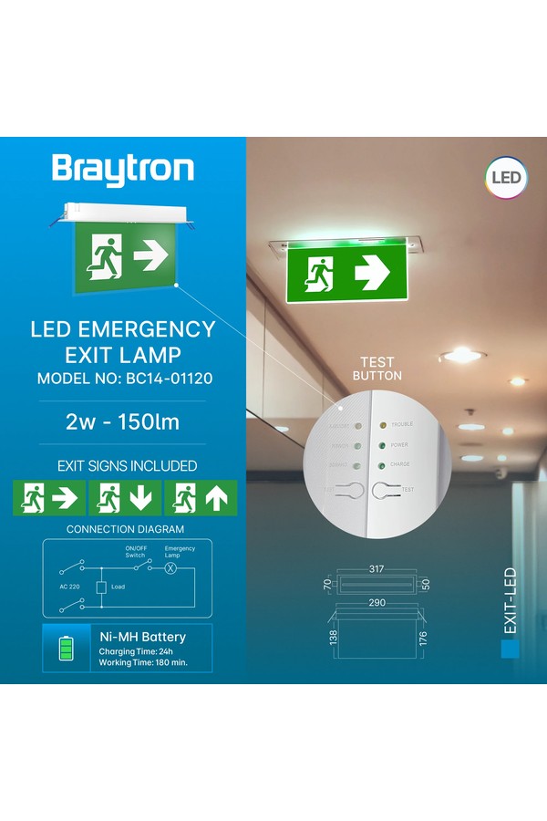 Braytron EXIT LED 2W RCS IP20 WHT EMERGENCY EXIT