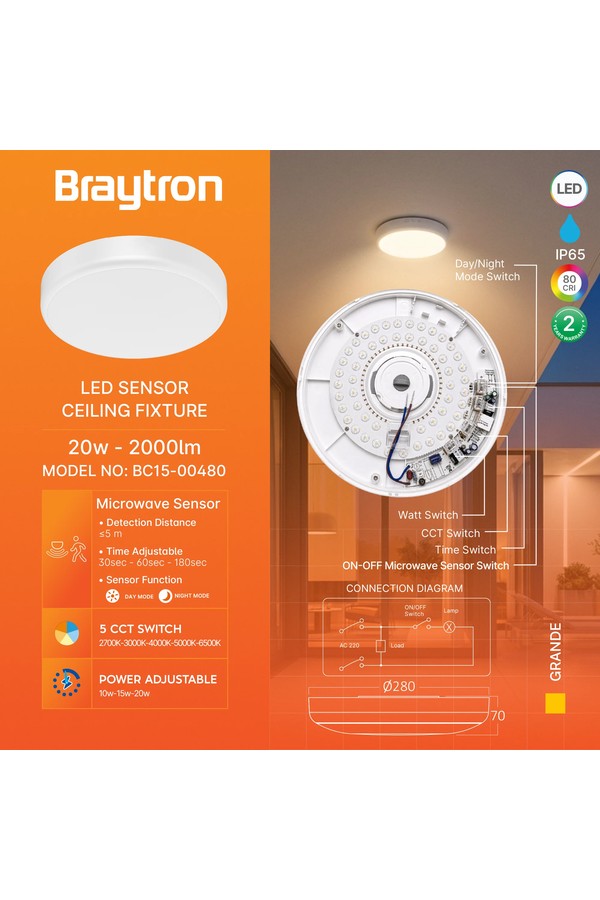 Braytron GRANDE RND 20W 5IN1 SNS IP54 CEILING LIGHT
