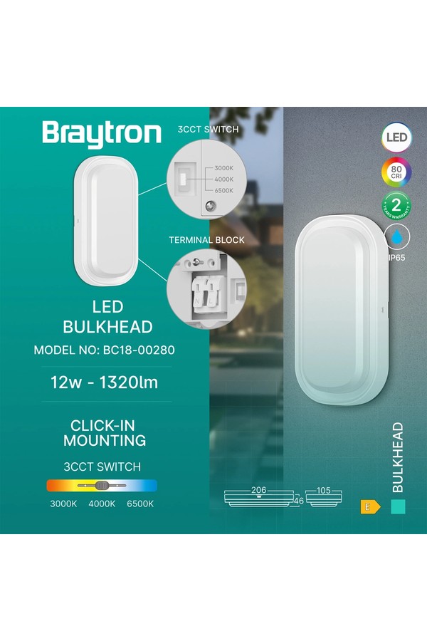 Braytron BULKHEAD 12W ELP WHT 3IN1 IP65 LED BULKHEAD