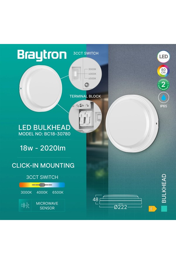 Braytron BULKHEAD 18W RND WHT SNS 3IN1 IP65 LED BULKHEA