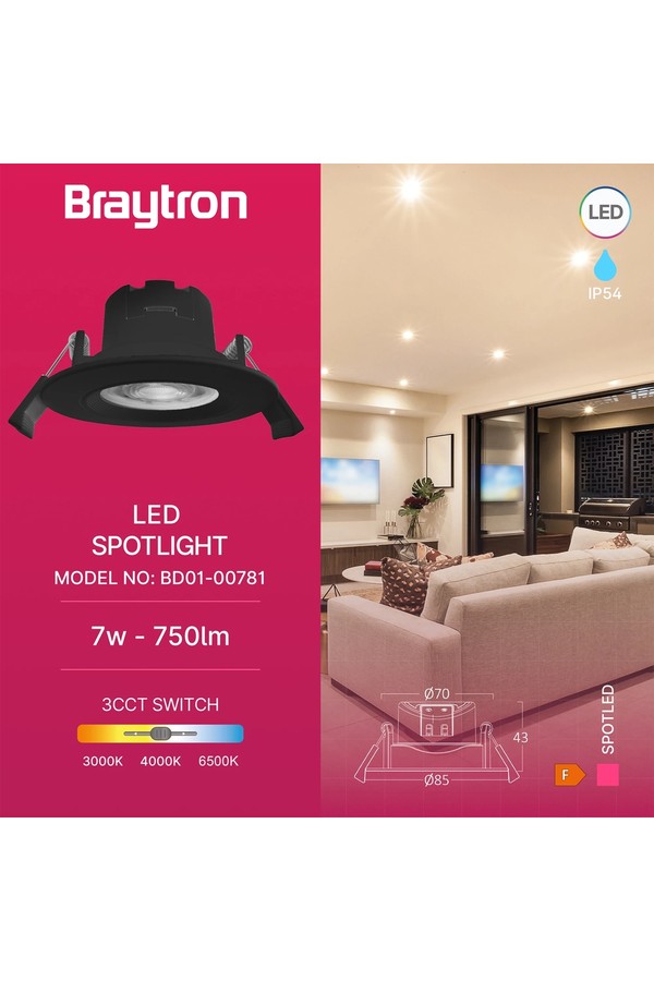 Braytron SPOTLED G3 7W RND BLC 3IN1 IP54 LED SPOTLIGHT