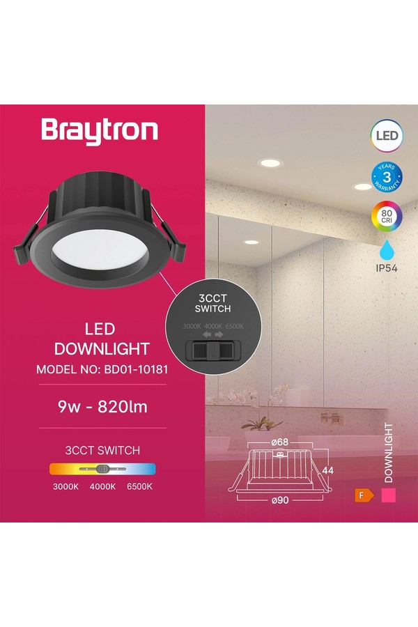 Braytron DOWNLIGHT D90 9W RND BLC 3IN1 IP54 LED DOWNLIG