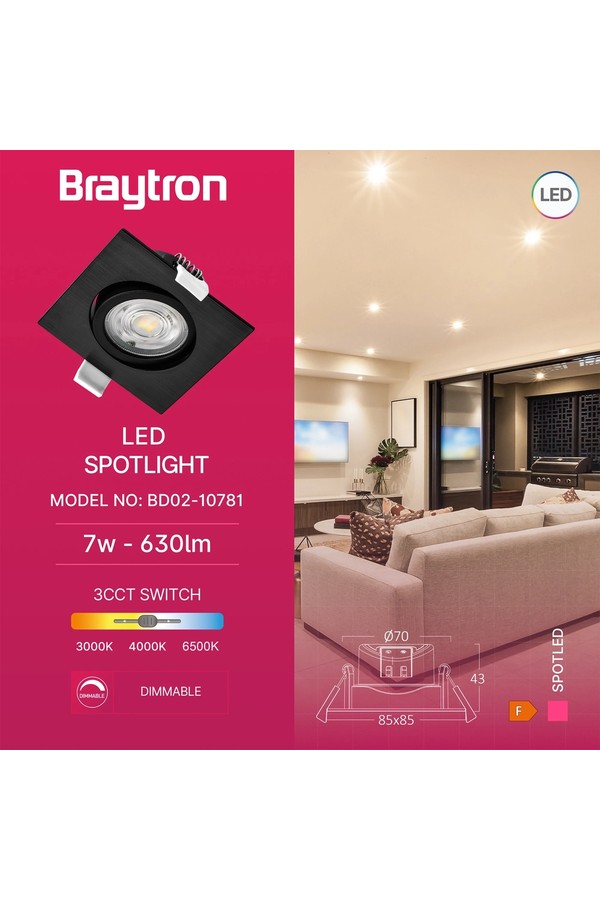Braytron SPOTLED G3 7W SQR BLC 3IN1 LED SPOTLIGHT