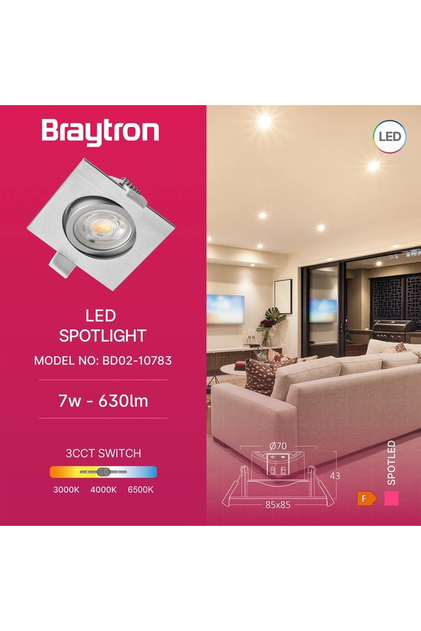 Braytron SPOTLED G3 7W SQR SLV 3IN1 LED SPOTLIGHT