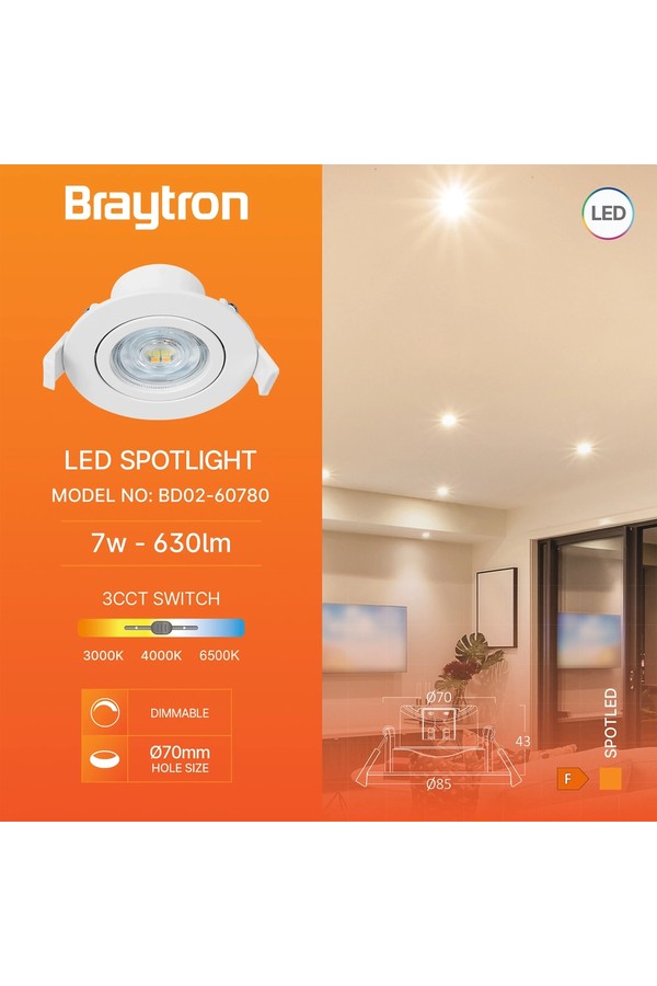 Braytron SPOTLED G3 7W RND WHT 3IN1 DIM LED SPOTLIGHT