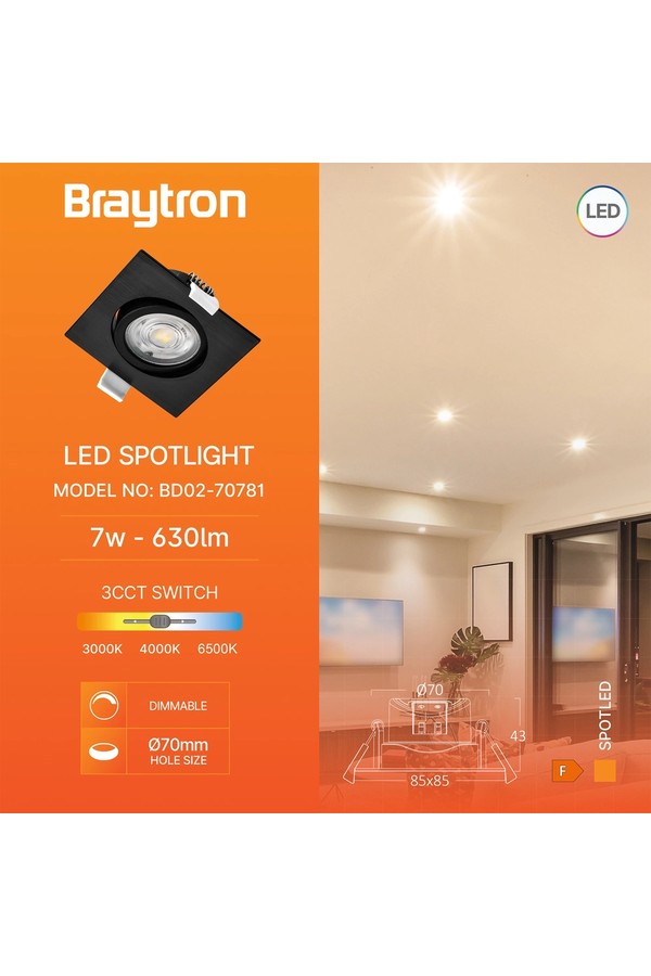 Braytron SPOTLED G3 7W SQR BLC DIM 3IN1 LED SPOTLIGHT