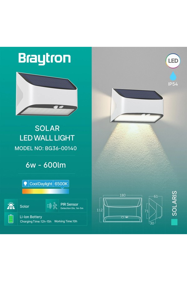 Braytron SOLARIS W1B WHT 6W 6500K IP54 SOLAR WALL LIGHT