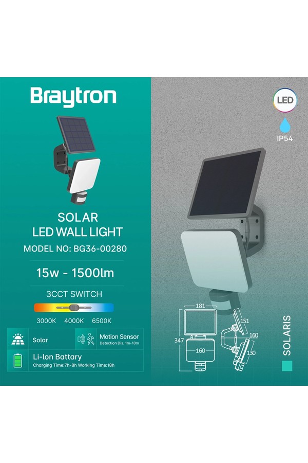 Braytron SOLARIS W2 BLC 15W 3IN1 IP54 SOLAR WALL LIGHT