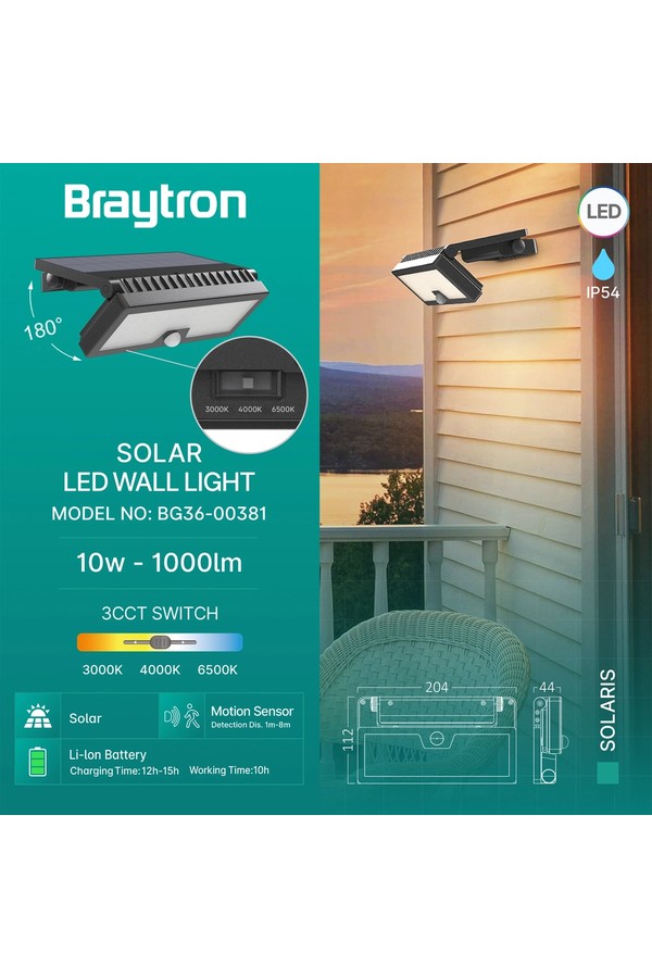 Braytron SOLARIS W3 BLC 10W 3IN1 IP54 SOLAR WALL LIGHT