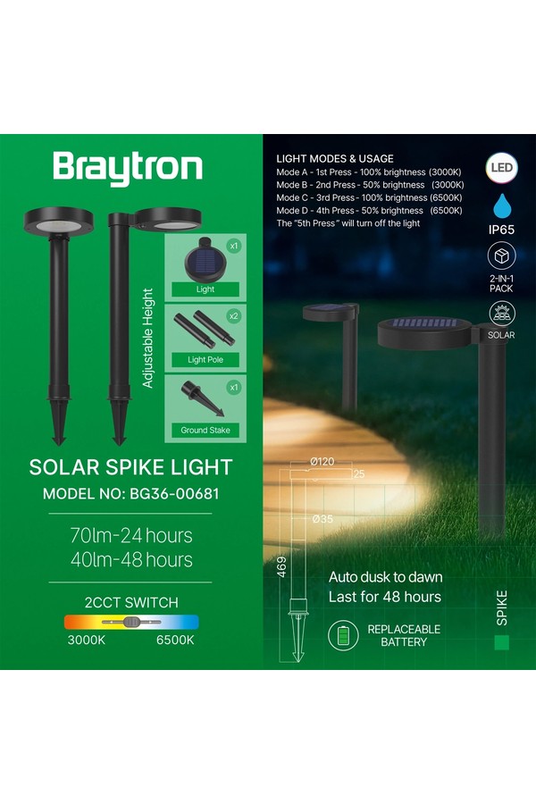 Braytron SPIKE 2A 8W RND BLC 2IN1 IP65 SPIKE LIGHT