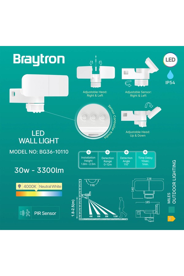 Braytron MILES W2 WHT 30W 4000K IP54 WALL LIGHT