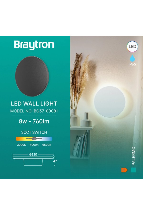 Braytron PALERMO XS RND BLC 8W 3IN1 IP65 WALL LIGHT