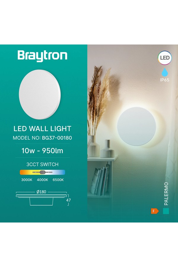 Braytron PALERMO S RND WHT 10W 3IN1 IP65 WALL LIGHT