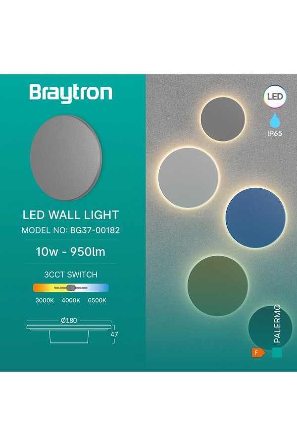 Braytron PALERMO S RND GRY 10W 3IN1 IP65 WALL LIGHT
