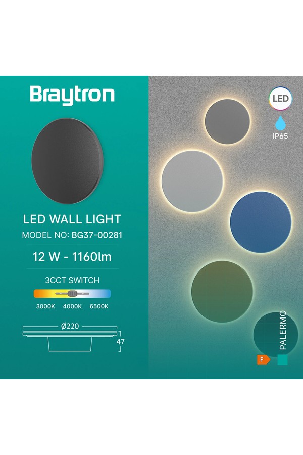 Braytron PALERMO M RND BLC 12W 3IN1 IP65 WALL LIGHT