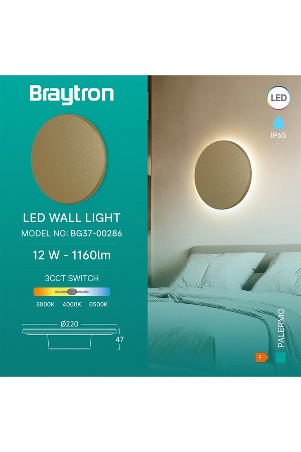 Braytron PALERMO M RND GLD 12W 3IN1 IP65 WALL LIGHT