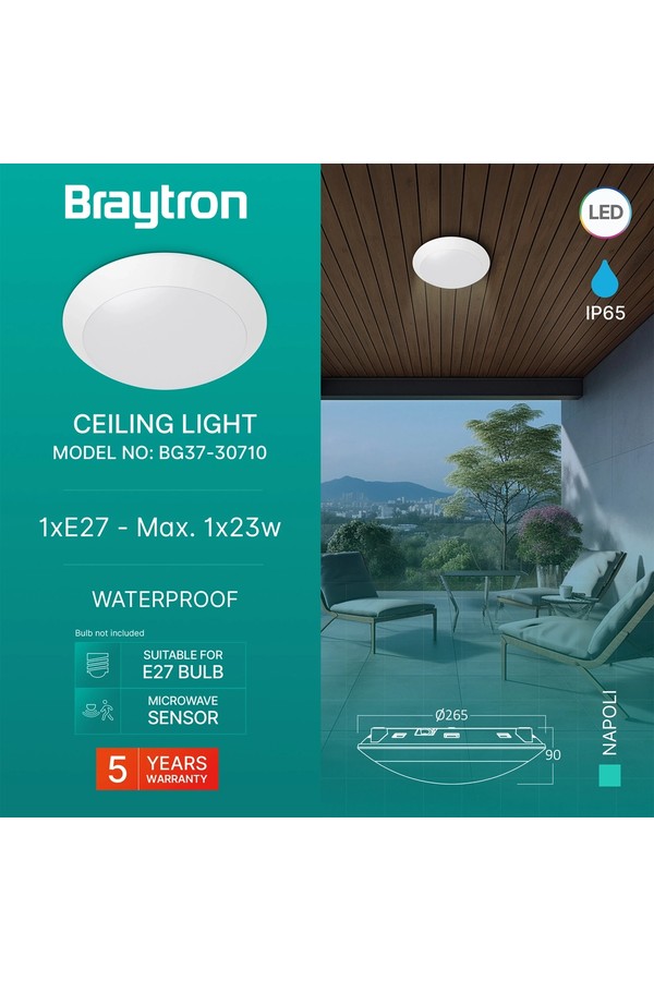 Braytron NAPOLI D270 1xE27 PC SNS WHT IP65 CEILING LIGH