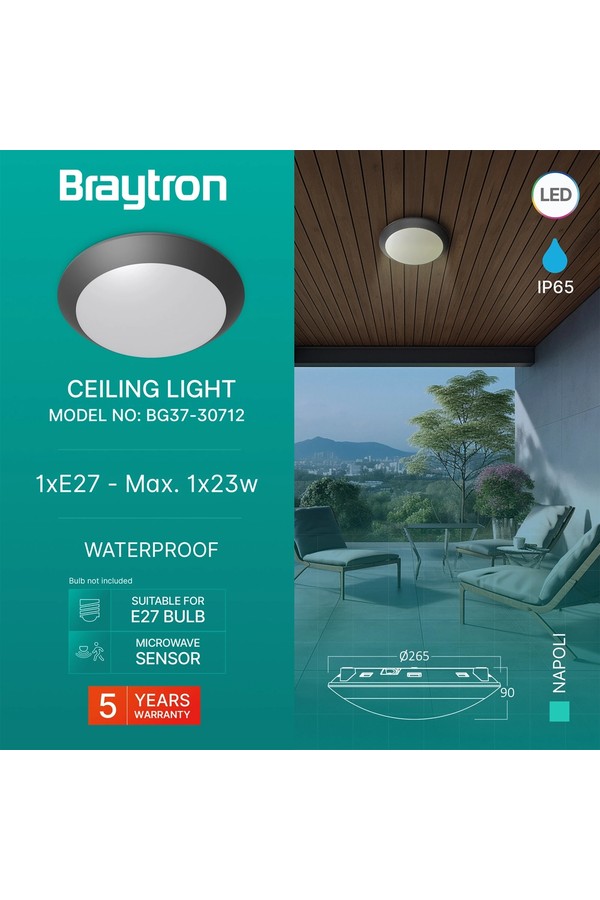 Braytron NAPOLI D270 1xE27 PC SNS GRY IP65 CEILING LIGH