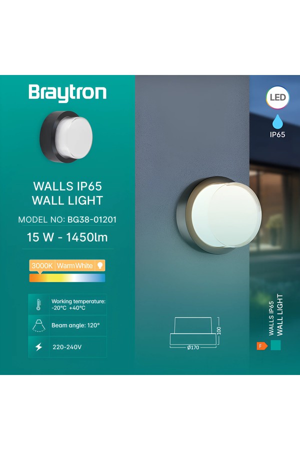 Braytron WALLS G2 RND BLC 15W 3000K IP65 WALL LIGHT