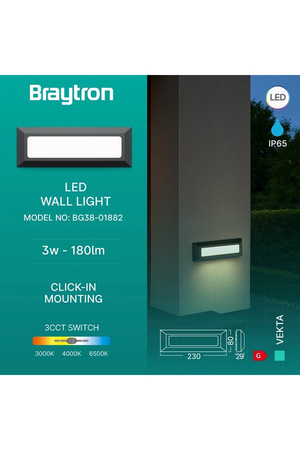 Braytron VEKTA B RCT GRY 3W 3IN1 IP65 WALL LIGHT