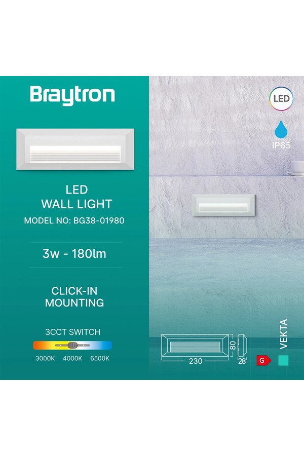 Braytron VEKTA B RCT WHT 3W 3IN1 IP65 WALL LIGHT