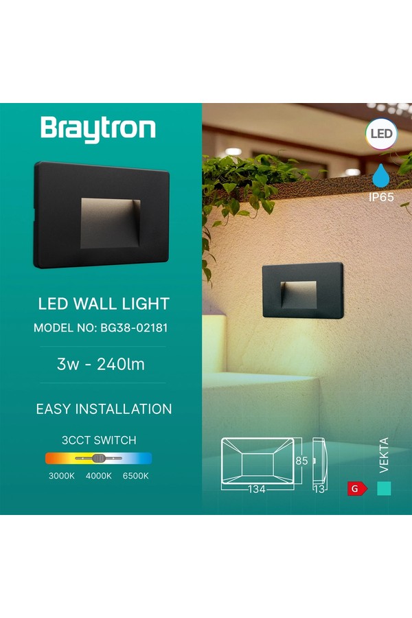 Braytron VEKTA B SQR BLC 3W 3IN1 IP65 WALL LIGHT