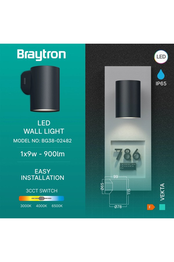 Braytron VEKTA D WL.1 GRY 1x9W 3IN1 IP65 WALL LIGHT
