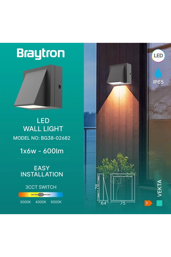 Braytron VEKTA C WL.1 GRY 1x6W 3IN1 IP65 WALL LIGHT