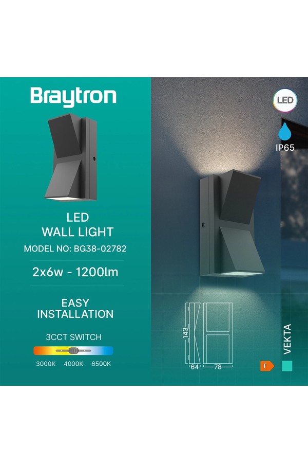 Braytron VEKTA C WL.2 GRY 2x6W 3IN1 IP65 WALL LIGHT