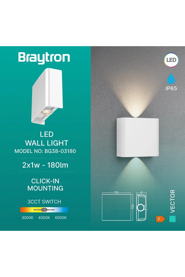 Braytron VECTOR B WL WHT 2x1W 3IN1 IP65 WALL LIGHT