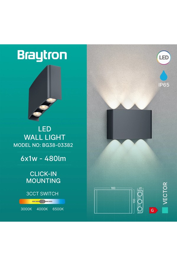 Braytron VECTOR B WL GRY 6x1W 3IN1 IP65 WALL LIGHT