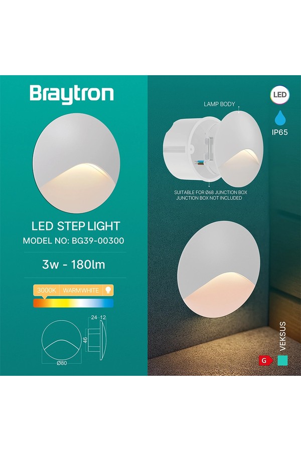 Braytron VEKSUS RND WHT 3W 3000K IP65 WALL LIGHT