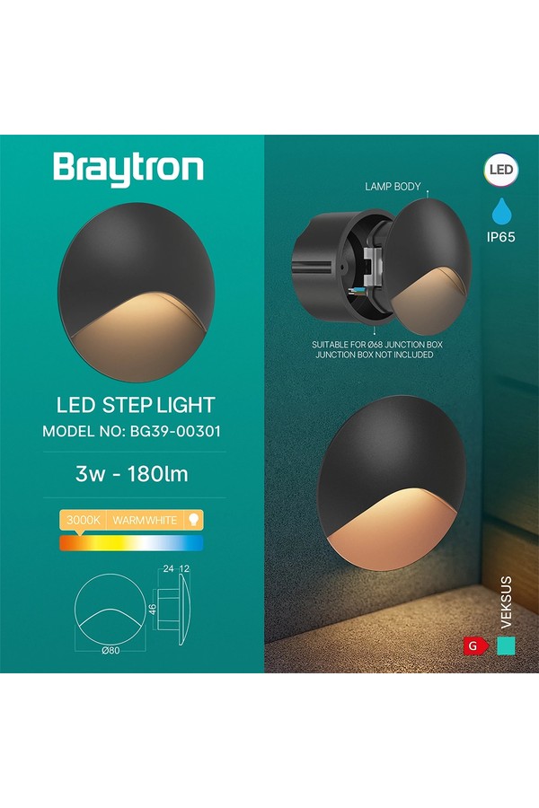 Braytron VEKSUS RND BLC 3W 3000K IP65 WALL LIGHT