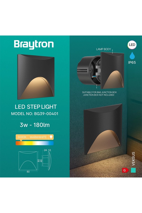 Braytron VEKSUS SQR BLC 3W 3000K IP65 WALL LIGHT