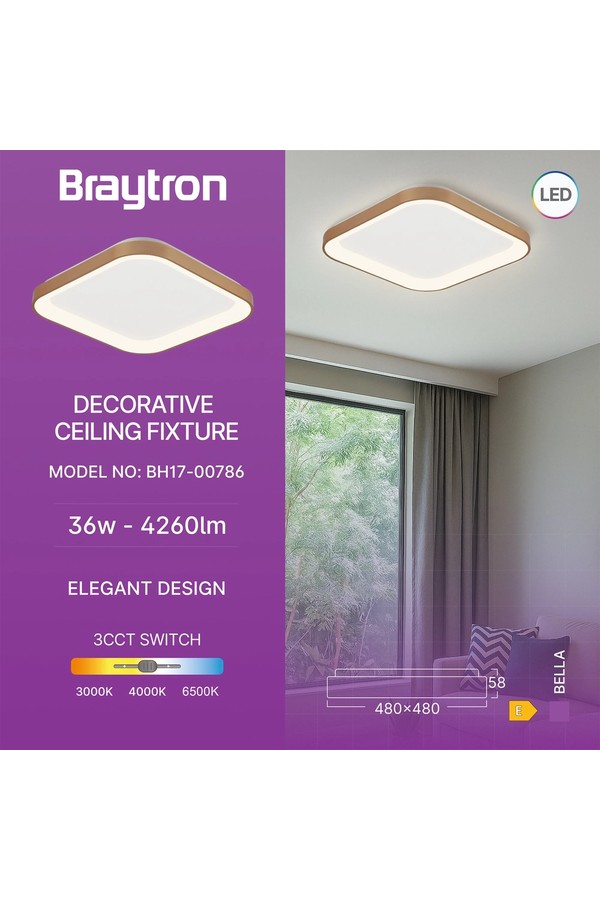 Braytron BELLA SLS SR SQR GLD 36W 3IN1 IP20 CEILING LIG