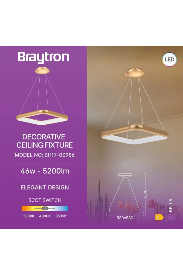 Braytron BELLA MLP PD SQR GLD 46W 3IN1 IP20 CEILING FIX