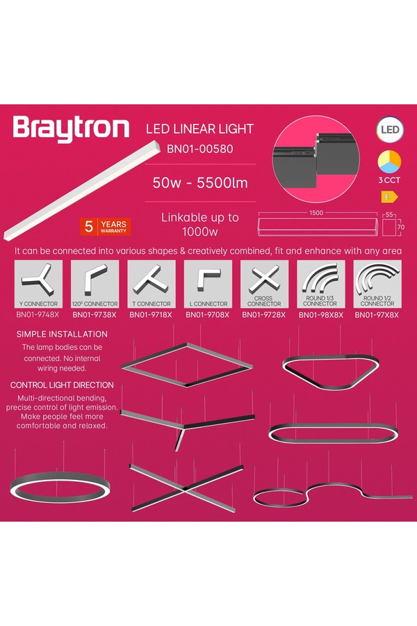 Braytron ALINE 55 45W 1.5MT 3IN1 WHT IP20 LINEAR LIGHT