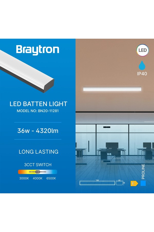 Braytron PROLINE PT 36W 1.2MT BLC 3IN1 LED BATTEN