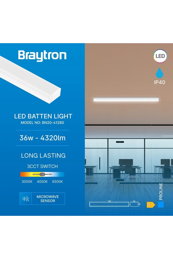 Braytron PROLINE PT 36W 1.2MT SNS WHT 3IN1 LED BATTEN