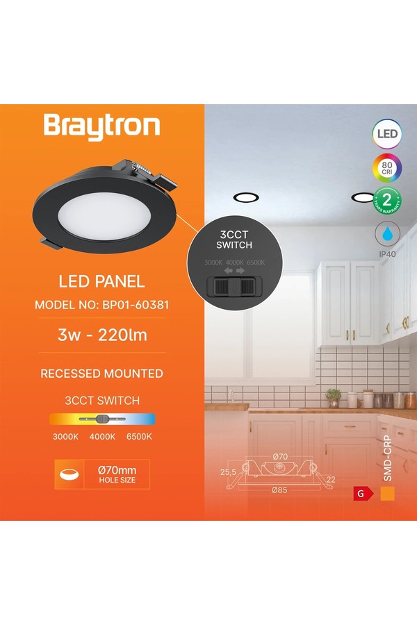 Braytron SMD CRP 3W RND 3INC BLC 3IN1 LED PANEL LIGHT