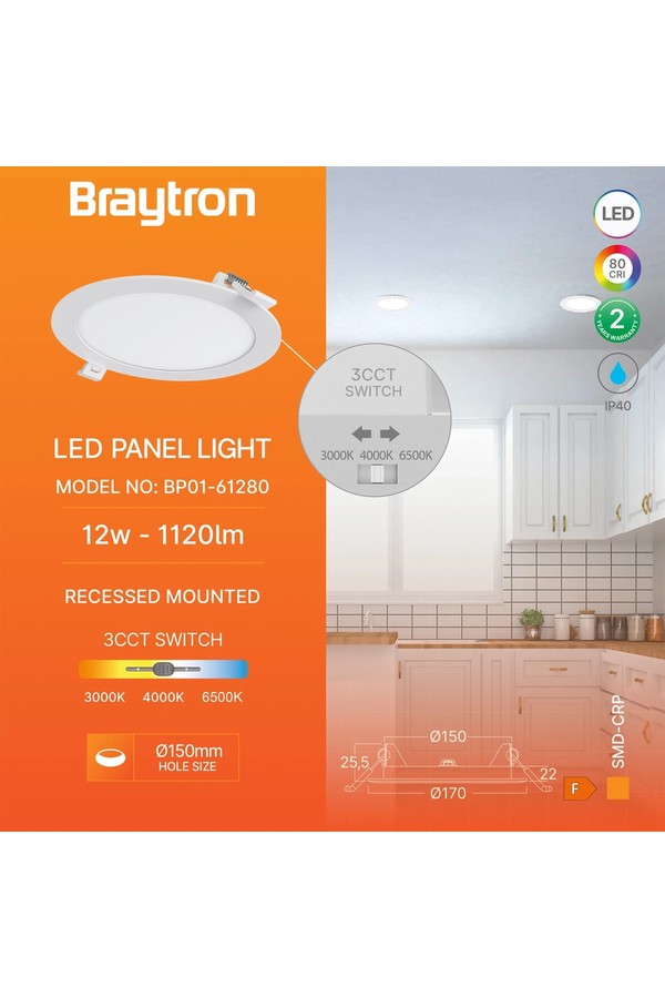 Braytron SMD CRP 12W RND 6INC WHT 3IN1 LED PANEL