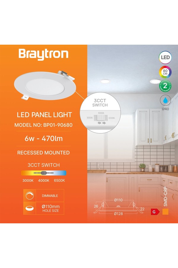 Braytron SMD CRP 6W RND DIM 4INC WHT 3IN1 LED PANEL LIG