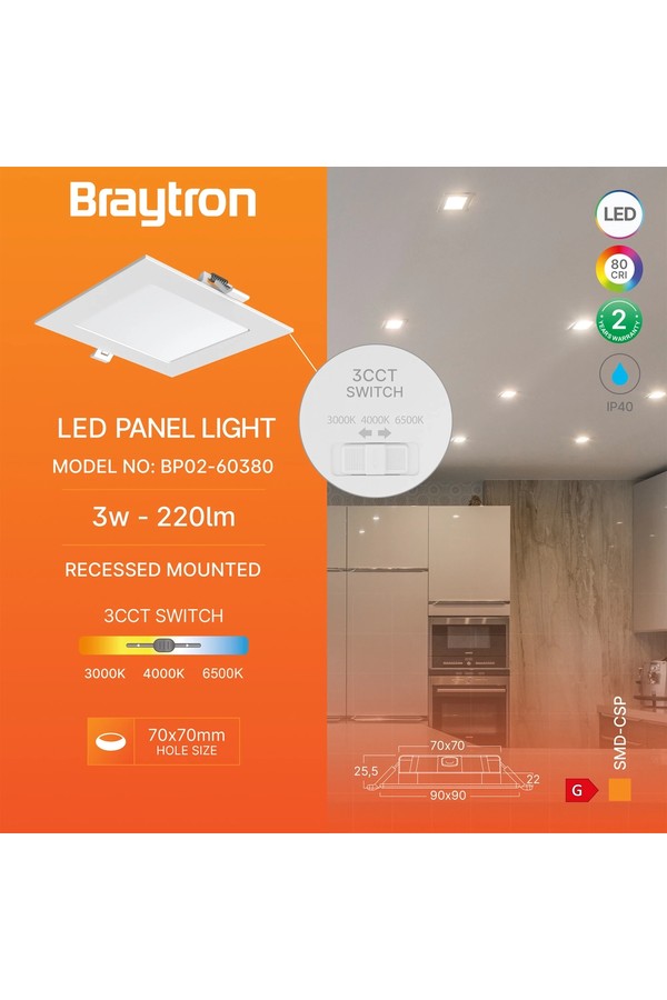 Braytron SMD CSP 3W SQR 3INC WHT 3IN1 LED PANEL