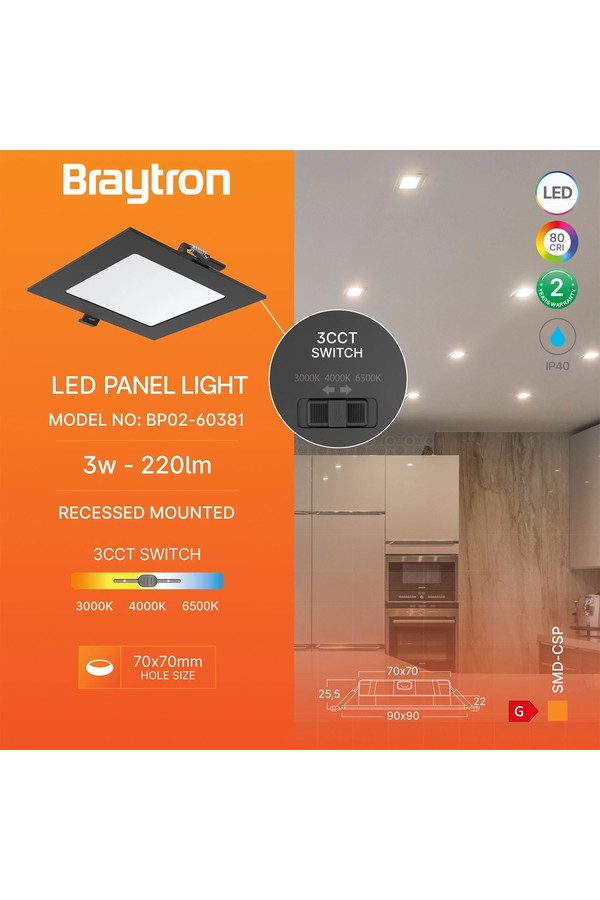 Braytron SMD CSP 3W SQR 3INC BLC 3IN1 LED PANEL