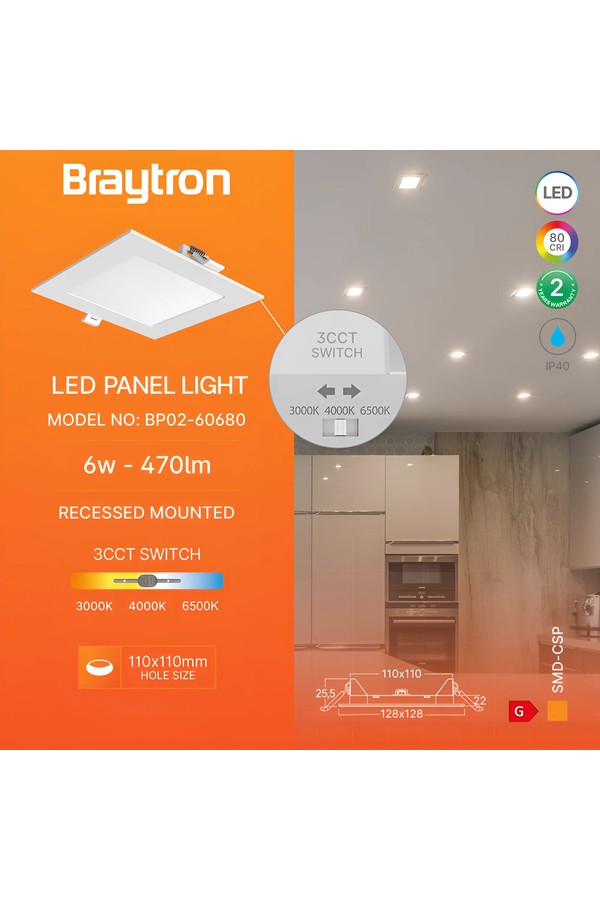 Braytron SMD CSP 6W SQR 4INC WHT 3IN1 LED PANEL