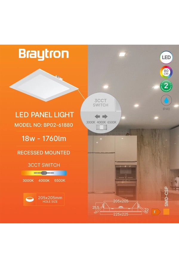 Braytron SMD CSP 18W SQR 8INC WHT 3IN1 LED PANEL